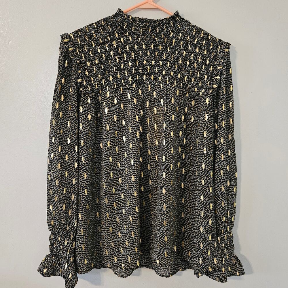 NWT Elan Metallic Foil Printed Smocked Blouse Sz Medium - Picture 2 of 14